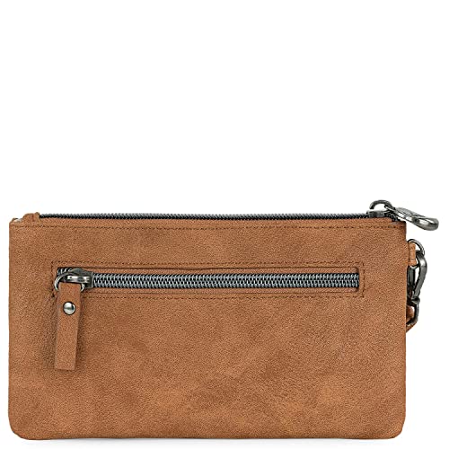 Lois - Cartera de Mujer Grande Bordada de Marca LOIS. Bolso con Asa de Mano Piel Vegana PU. Billetero Monedero y Tarjetas con Capa de Protección Antiescaneo RDIF.302620, Color Camel