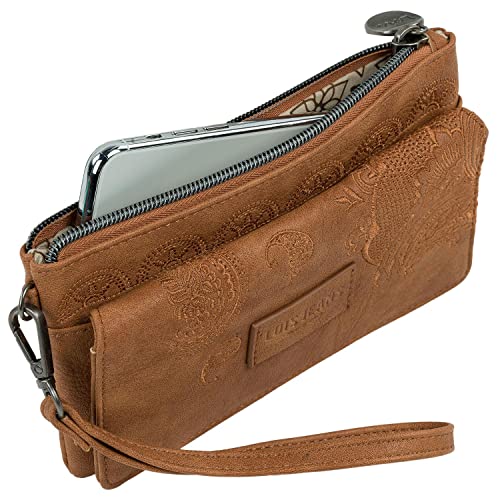 Lois - Cartera de Mujer Grande Bordada de Marca LOIS. Bolso con Asa de Mano Piel Vegana PU. Billetero Monedero y Tarjetas con Capa de Protección Antiescaneo RDIF.302620, Color Camel