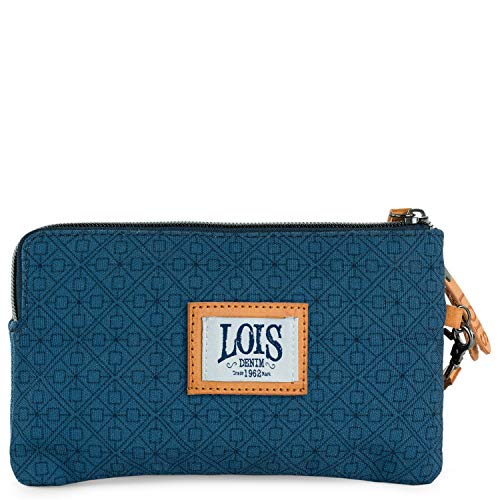 Lois - Carteras de Mano de Mujer con Asa Desmontable, Dos Carteras en una Unidas por Botones de Presión. Fabricada con Lona Estampada y Cuero Piel Sintética PU 310509, Color Azul