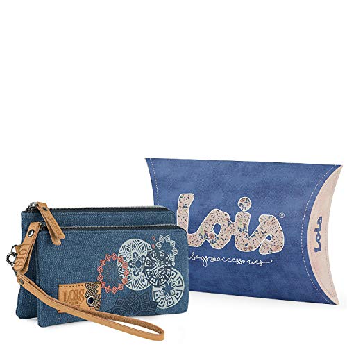 Lois - Carteras de Mano de Mujer con Asa Desmontable, Dos Carteras en una Unidas por Botones de Presión. Fabricada con Lona Estampada y Cuero Piel Sintética PU 310509, Color Azul