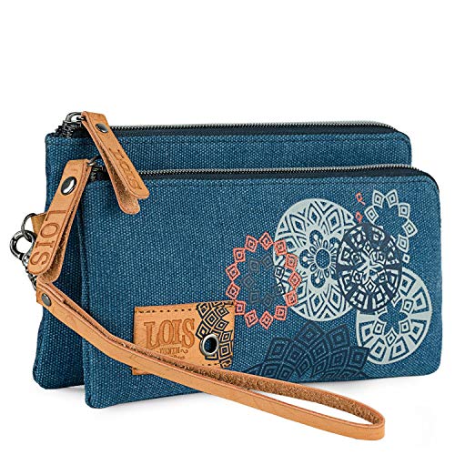 Lois - Carteras de Mano de Mujer con Asa Desmontable, Dos Carteras en una Unidas por Botones de Presión. Fabricada con Lona Estampada y Cuero Piel Sintética PU 310509, Color Azul