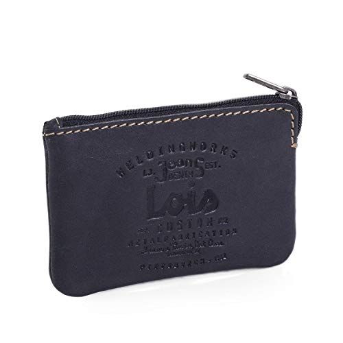 Lois - Monedero Hombre de Piel Genuina Cuero pequeño de Marca LOIS. Llavero Monedero Tarjetas DNI. Diseñado en España. 11002, Color Negro