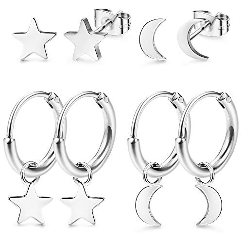 LOLIAS 4 Pares Acero inoxidable Pendientes Aro para Mujeres Niñas Pendientes Pequeños Aretes Estrella Luna Piercing Stud de Cartílago Huggie