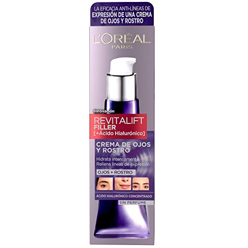 L'Oréal Paris Crema Antiedad de Ojos y Rostro Revilafit Filler, Con Ácido Hialurónico, Rellena Arrugas e Hidrata Intensamente, Eficacia Multizona, Sin Perfume, 30 ml