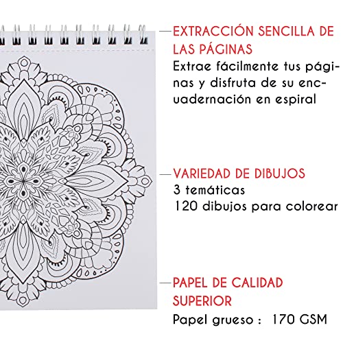 Lote de 3 Libros para Colorear: Animales, Mandalas, Flores - Libro Colorear Adultos con Espirales- Cuaderno de Mandalas Antiestrés - 120 dibujos de Alta Calidad para Colorear