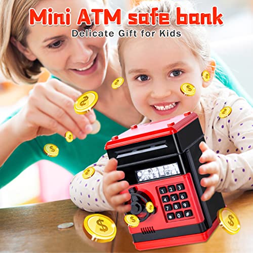 Ltteaoy Hucha Electrónica para Niños de 3-10 años con código electrónico de cerditos, Ahorro Automático de Monedas para Regalos de niños, Regalo de Cumpleaño Máquina de Mini ATM (Rojo)