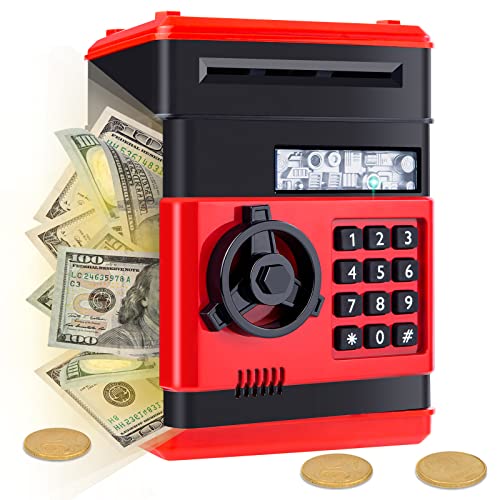 Ltteaoy Hucha Electrónica para Niños de 3-10 años con código electrónico de cerditos, Ahorro Automático de Monedas para Regalos de niños, Regalo de Cumpleaño Máquina de Mini ATM (Rojo)