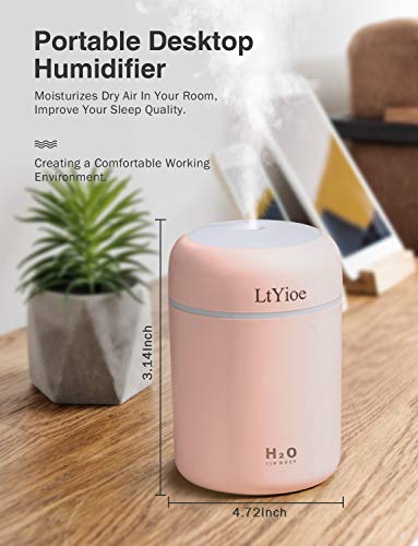 LtYioe Humidificador, Mini Humidificador con Alimentación USB, Función de luz Nocturna y apagado automático, 2 modos y humidificador ultrasónico silencioso para coche hogar oficina(rosa chiaro)