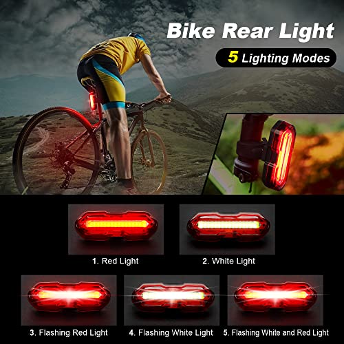 Luces Bicicleta, 3 + 5 Modos Luces Delanteras y Traseras Recargables USB para Bicicleta con1200mAh, Campana, IP65 Impermeable Luz LED Bicicleta para Ciclismo de montaña y Carretera