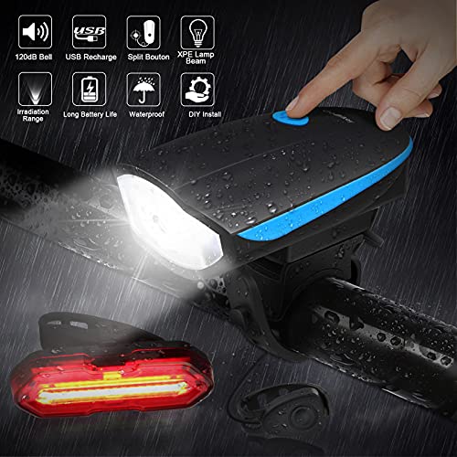 Luces Bicicleta, 3 + 5 Modos Luces Delanteras y Traseras Recargables USB para Bicicleta con1200mAh, Campana, IP65 Impermeable Luz LED Bicicleta para Ciclismo de montaña y Carretera