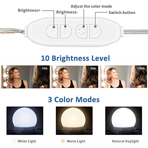 Luces Espejo Maquillaje 14 Bombillas, Luz LED Estilo Hollywood con Interruptor y USB Cable, 3 Colores y 10 Brillos Ajustables, Luces para Tocador, Luces LED Kit de Espejo, 1 juego