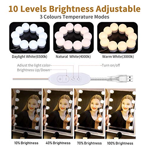 Luces para Espejo de Maquillaje LED Luces Tocador Estilo Hollywood, Luces LED Kit de Espejo con 10 Bombillas regulables 3 Modos de Color Luz Espejo Para Maquillaje Tocador Espejo Baño