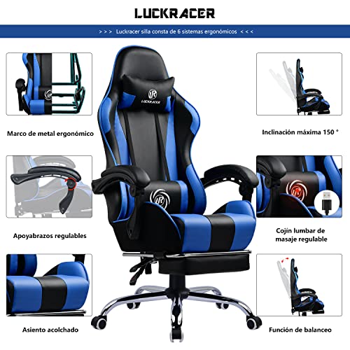 LUCKRACER Silla Gaming Escritorio con Reposapiés Oficina Cojín Lumbar para Masaje Reposabrazos de Carreras Respaldo Alto de Cuero PU