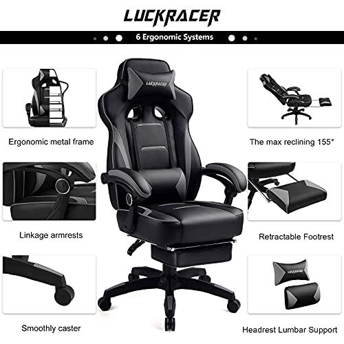 LUCKRACER Silla Gaming, Silla Gaming Reposapiés, Silla Ergonómico, Silla Gamer, Silla Oficina con Cojín Lumbar y Respaldo Reclinable (Gris)