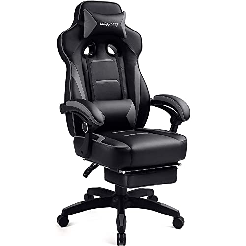 LUCKRACER Silla Gaming, Silla Gaming Reposapiés, Silla Ergonómico, Silla Gamer, Silla Oficina con Cojín Lumbar y Respaldo Reclinable (Gris)