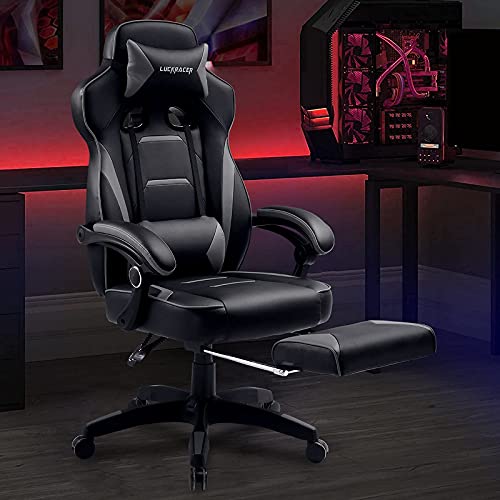 LUCKRACER Silla Gaming, Silla Gaming Reposapiés, Silla Ergonómico, Silla Gamer, Silla Oficina con Cojín Lumbar y Respaldo Reclinable (Gris)