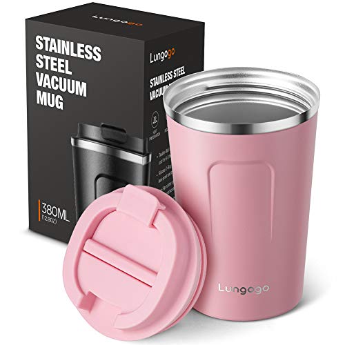 Lungogo Taza de Café Aislamiento Vaso de Viaje Diseño a Prueba de Fugas Frasco de Vacío de Doble Acero Inoxidable Café para Llevar 380ML, Rosado