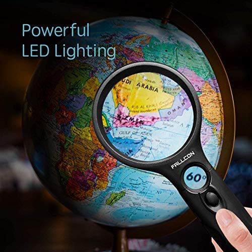 Lupa con Luz FALLCON de Gran Aumento LED 3X 45X,Lupa de Mano Portátil para Lectura y Observacion - Con Paño de Limpieza y Bolsa de Almacenamiento.