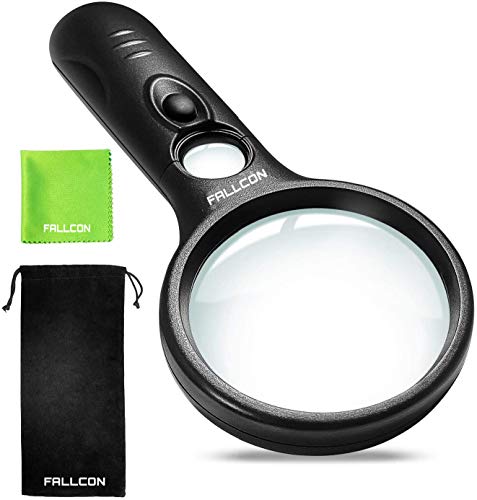 Lupa con Luz FALLCON de Gran Aumento LED 3X 45X,Lupa de Mano Portátil para Lectura y Observacion - Con Paño de Limpieza y Bolsa de Almacenamiento.