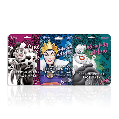 MAD Beauty Mascarilla Hidratante Facial de las Villanas Disney, Cruella, Úrsula y la Madrastra de Blancanieves, Multicolor, Coco, 3 Unidad