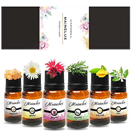 MAINELUX Aceites Esenciales para Humidificador, 100% Natural Puro Aromaterapia Top 6 Set de Regalo de aceites Aromáticos (Neroli, Bergamota, Romero, Yanlg Yanlg, Incienso, Camomila