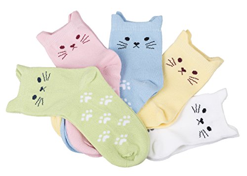 Maiwa - Pack de 5 calcetines, algodón, sin costuras, diseño de gatos(pequeños niños 23-27 EU/14cm-16cm)