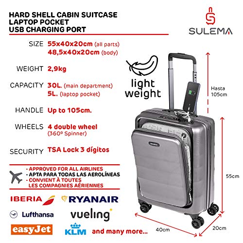 Maletas de Cabina 55x40x20 con USB de Carga Equipaje de Mano Trolley rigida 4 Ruedas giratorias 360º candado TSA Maleta Grande Resistente Ryanair, Sulema (Gris)