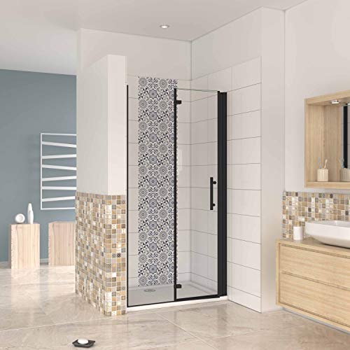 Mampara ducha frontal baño dos puerta plegable con perfil negro mate,estilo industrial, 5 mm cristal templado, Easyclean,100x190cm