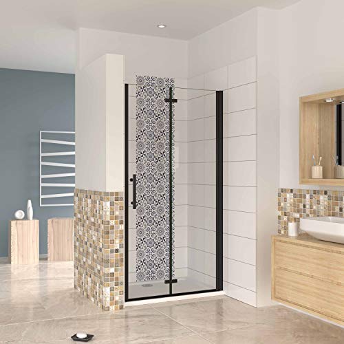 Mampara ducha frontal baño dos puerta plegable con perfil negro mate,estilo industrial, 5 mm cristal templado, Easyclean,100x190cm