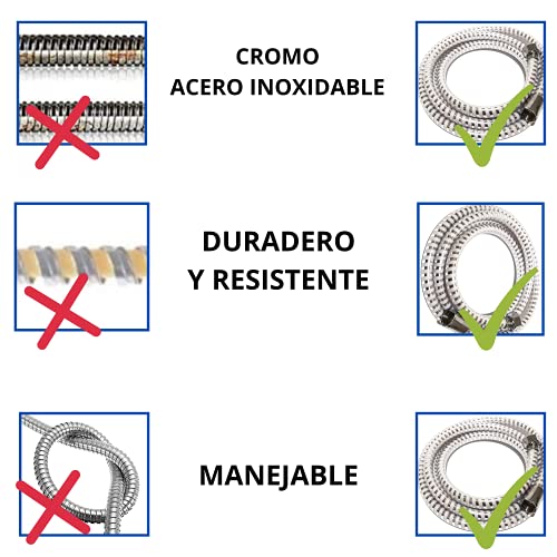 MANGUERA DE DUCHA Flexible de Acero Inoxidable 1,5 Metros | Acabado Blanco Metalizado | Para todo tipo de Alcachofas | Manquera para Ducha con Juntas y Flexo de Acero