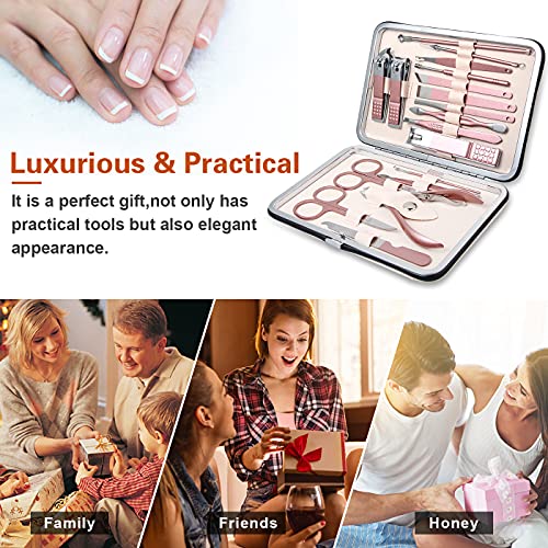 Manicura Pedicura Set 18 PCS Profesional Cortaúñas Acero Inoxidable Grooming Kit - Con Estuche De Viaje De Cuero Lujoso (Beige/Rosa)