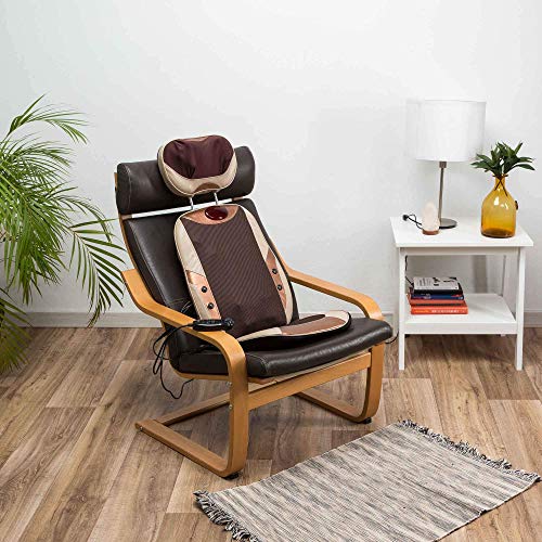 MANTRA® Respaldo de masaje Shiatsu y amasamiento - Beige (modelo 2021) - Asiento masajeador para coche, casa, trabajo - Reposacabezas ajustable y asiento extraible - Masaje de espalda, hombros, lumbar