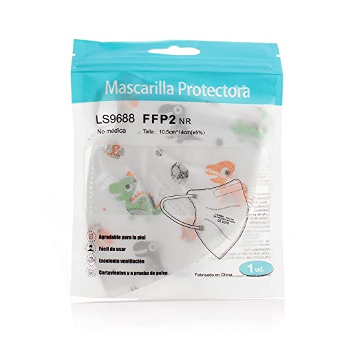 MARARDI Mascarillas FFP2 [Pack 10 Piezas] Homologadas [Pequeños Dinos] Alta Filtración [Talla Pequeña] con Pinza Nasal Ajustables Plegables [No Reutilizables] Desechables 5 Capas Bolsa Individual