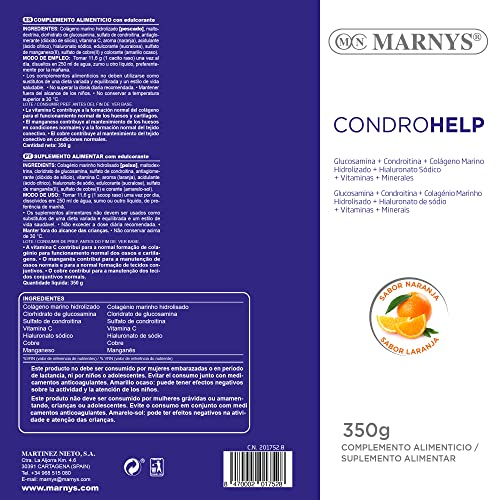 Marny's Condroitina y Glucosamina, Condrohelp, Movilidad en Cartílagos, Tendones y Ligamentos - con Colágeno, Ácido Hialurónico y Vitamina C - Formato Polvo con Sabor Naranja, Esencial, 469 Gramos