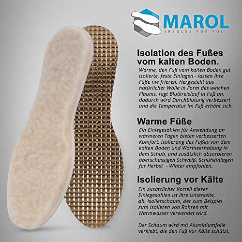 Marol - Plantillas con lana de oveja, térmicas de invierno, para calzado de invierno, de aluminio con auténtica lana de oveja 100 % natural, talla 35 a 46 39