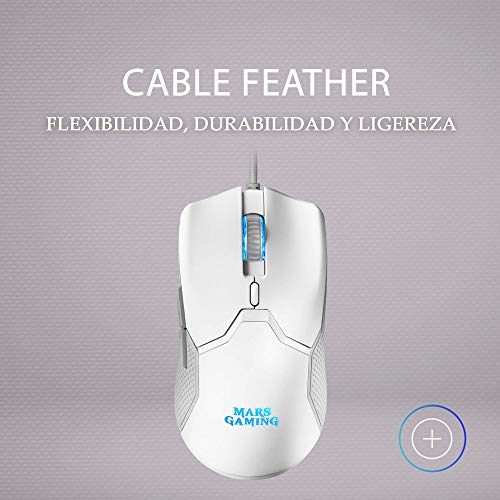 Mars Gaming MMVW, Ratón Gaming RGB Ultraligero 69g, 10000DPI, Cable Feather, Blanco