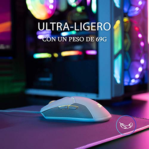 Mars Gaming MMVW, Ratón Gaming RGB Ultraligero 69g, 10000DPI, Cable Feather, Blanco