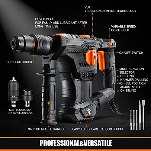 Martillo Percutor, Martillo Perforador, 5J Energía de Impacto, SDS Plus Mandril, 4 Funciones en 1 con Embrague de Seguridad, Utilizado para Concreto, Metal y Piedra - TRH02A