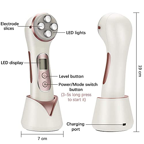 Masajeador de belleza por Ultrasonidos, 5 en 1 RF Radiofrecuencia LED Facial Instrumento con Gel Conductivo anti-edad Rejuvenecimiento de la piel/Anti-arrugas/Apriete de la Piel/Limpieza facial