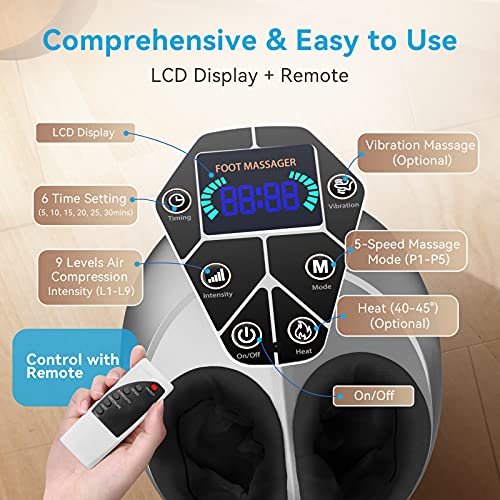 Masajeador de Pies, Masaje Pies con 5 Modos y 9 Intensidades, Amasamiento Profundo, Función de Calor y Compresión de Aire, Tamaño Máximo 45, Pantalla LCD, Control Remoto, Función de Vibración única