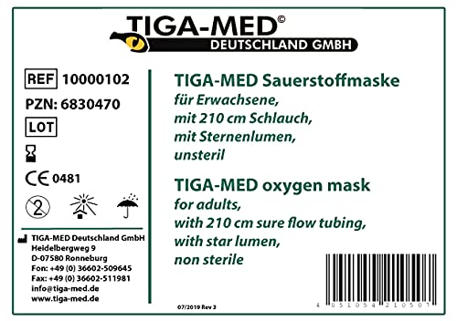 Mascarilla de oxígeno para adultos, sin DEHP, 5 unidades, con manguera de oxígeno verde de 210 cm, O2