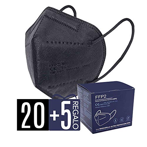 Mascarillas FFP2. 20 + 5 de Regalo. Mascarillas ultra protección. 5 capas. Homologada. Certificado CE 2163. Caja 20 + 5 Unidades de REGALO. PACK PAULA ALONSO (25 NEGRAS)