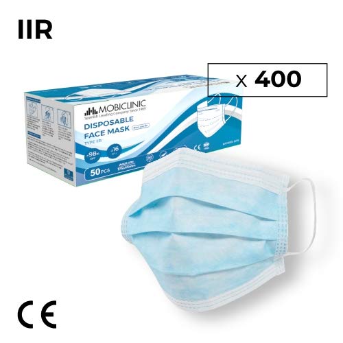 Mascarillas Quirúrgicas IIR, 400 uds, Mobiclinic, Marca Española, Mascarillas médicas homologadas, 3 capas, Alta eficiencia filtración bacteriana 99,8%, norma EN 14683:2019, Marcado CE