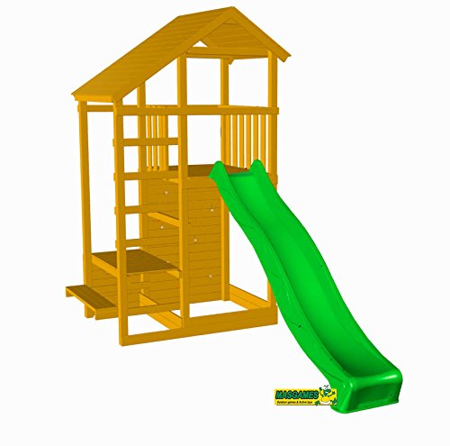 | MASGAMES | Parque infantil MASGAMES TEIDE XL | Altura plataforma 150 cm | Rampa de tobogán con conector a manguera | Pared de escalada | Anclajes incluidos | Homologado para uso doméstico |