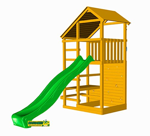 | MASGAMES | Parque infantil MASGAMES TEIDE XL | Altura plataforma 150 cm | Rampa de tobogán con conector a manguera | Pared de escalada | Anclajes incluidos | Homologado para uso doméstico |