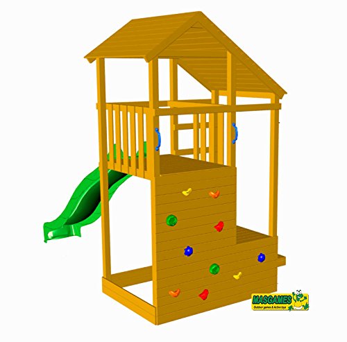 | MASGAMES | Parque infantil MASGAMES TEIDE XL | Altura plataforma 150 cm | Rampa de tobogán con conector a manguera | Pared de escalada | Anclajes incluidos | Homologado para uso doméstico |