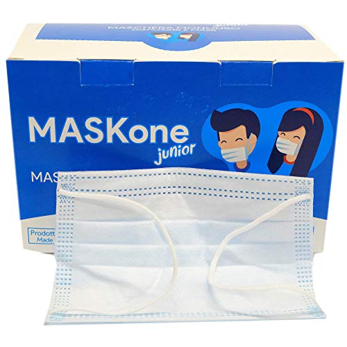 MaskOne Junior - Mascarillas quirúrgicas desechables - Empaquetado individualmente - Certificación CE Paquete de 50 piezas - Mascarilla quirúrgica para mujeres y caras pequeñas - Medicas homologadas