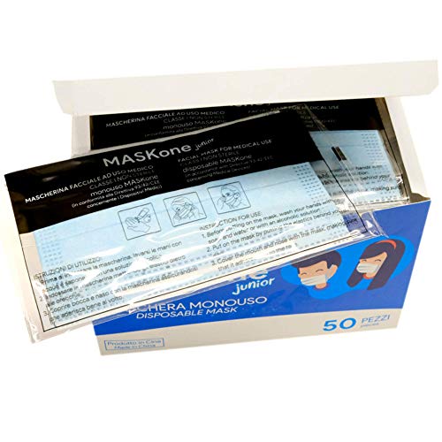 MaskOne Junior - Mascarillas quirúrgicas desechables - Empaquetado individualmente - Certificación CE Paquete de 50 piezas - Mascarilla quirúrgica para mujeres y caras pequeñas - Medicas homologadas