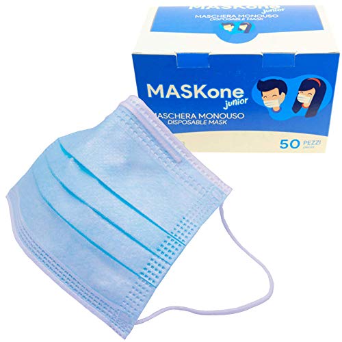 MaskOne Junior - Mascarillas quirúrgicas desechables - Empaquetado individualmente - Certificación CE Paquete de 50 piezas - Mascarilla quirúrgica para mujeres y caras pequeñas - Medicas homologadas