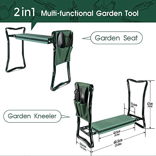 Masthome Taburete para Jardineria,Banco de Rodillas para Jardín con 3 Herramientas, Color Verde, 2 en 1,Plegables, portátiles